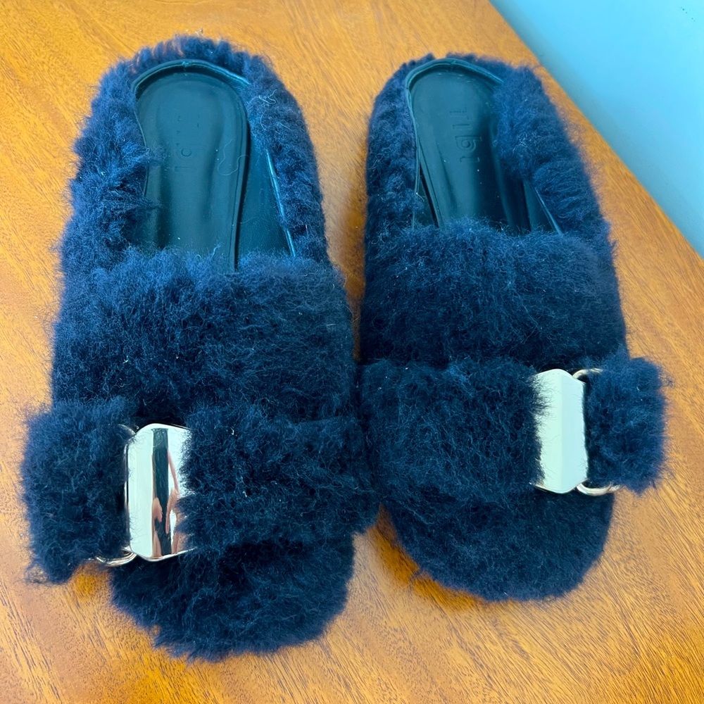 Tibi shearling mules, Navy, size 40.5